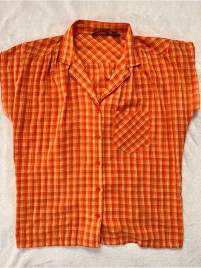Vintage Orange Plaid Button Up Top Y2K Boxy Camp Shirt Lightweight Small